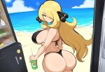 1girl ai_generated beach bikini curvaceous cynthia_(pokemon) dat_ass female female_only food fridge huge_ass huge_breasts mullon nintendo novelai ocean pokemon pokemon_dppt solo_female summer voluptuous voluptuous_female