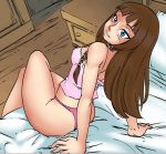 agathe bare_shoulders before_sex blue_eyes brown_hair crossed_legs grin harem_heroes hentai_heroes nightie pajamas panties princess_zelda sitting sitting_on_bed small_breasts string_panties waiting