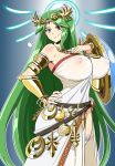 1girl armor bare_shoulders belt big_breasts blue_eyes breasts dress green_eyes green_hair hair_ornament hand_on_breast hand_on_hip huge_breasts kid_icarus long_hair matsu-sensei nipple_bulge palutena smile super_smash_bros. very_long_hair white_dress