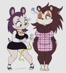  1girl 2018 ? animal_crossing anthro apron big_breasts blush breasts cleavage clothed clothing dress duo eulipotyphlan footwear freckles furry hedgehog high_heels high_res labelle_able mammal neckerchief nintendo one_eye_closed purple_yoshi_draws sable_able shoes short_stack sketch surprise tape_measure video_games 