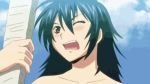 bangs big_breasts blue_hair bouncing_breasts breasts cleavage erect_nipples huge_breasts manyuu_chifusa manyuu_hikenchou nipples one_eye_closed open_mouth teeth tubetop