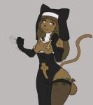  1girl 1girl 2019 5_fingers anthro armwear bedroom_eyes breasts brown_eyes brown_hair clothed clothing digital_media_(artwork) dress ecaflip elbow_gloves exposed_breasts freckles furry gloves hair half-closed_eyes innuendo inverted_cross legwear long_hair looking_aside mammal miranda_(wakfu) money navel nipple_tape nun pasties religion sacrilegious seductive side_boob simple_background skimpy smile standing stockings stupidgnoll tape under_boob video_games wakfu 