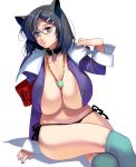 1girl animal_ears armband big_breasts black_hair black_panties blue_eyes breasts cat_ears cleavage collar crossed_legs gem glasses hair_ornament huge_breasts jewelry kneehighs masao megane navel nipple_bulge panties side-tie_panties sitting thighs