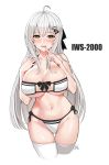  1girl big_breasts bikini bikini_bottom bikini_top blush bow breasts cleavage female female_only finger_to_mouth girls_frontline hair_ornament hairpin iws-2000_(girls_frontline) large_breasts long_hair looking_at_viewer navel open_mouth side-tie_bikini solo thighs very_long_hair white_bikini white_hair yellow_eyes 