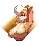 1girl 2018 anthro bedroom_eyes big_breasts big_ears big_nipples blonde_hair blue_eyes bra breasts cleavage clothed clothing digital_media_(artwork) eyeshadow furry hair half-closed_eyes high_res huge_breasts lagomorph lola_bunny looking_at_viewer looney_tunes makeup mammal nipple_bulge nipples nipples_visible_through_clothing rabbit seductive simple_background smile teeth underboob underwear warner_brothers white-devil white_background yellow_shirt