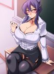  1girl arm_support big_breasts black_legwear black_panties blush book bra breasts classroom cleavage glasses holding_object huge_breasts jewelry legs_crossed long_hair looking_at_viewer megane megane_man miniskirt mole mole_on_breast necklace panties pantyshot pencil_skirt pink_eyes purple_hair senran_kagura shirt sitting stockings suzune_(senran_kagura) teacher thighs 