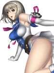 1girl absurd_res alluring aqua_eyes bare_shoulders blonde_hair bob_cut cassandra_alexandra covered_erect_nipples elbow_gloves gloves hairband high_res jumping kansuke open_mouth panties shoulder_pads silf simple_background soul_calibur soulcalibur_ii underwear voluptuous white_panties