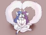 1girl 2021 4:3 anthro ass blue_eyes blue_hair blue_nose blue_tongue canid duo female/female furry general-irrelevant hair kissing mammal nude pawpads pink_hair pink_nose simple_background tongue