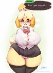  &lt;3 &lt;3_eyes 1girl 2019 animal_crossing anthro big_breasts blonde_hair blush bow_tie breasts canine clothed clothing dialogue digital_media_(artwork) dog embarrassed english_text front_view furry hair hairband hands_behind_back high_res huge_ass huge_breasts huge_hips huge_thighs hyper_butt isabelle_(animal_crossing) legwear looking_at_viewer mammal nintendo no_underwear open_mouth patreon pussy pussy_juice sexy sexy_body sexy_breasts shih_tzu signature spindlesx standing stockings sweat tailwag text thick_thighs thigh_squish url video_games voluptuous wide_hips 