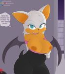  1girl anthro big_breasts breasts brown_fur cameltoe chiropteran clothing dashboom flashing fur furry green_eyes hair half-closed_eyes makeup mammal nipples rouge_the_bat sega simple_background text tight_clothing white_fur wings 