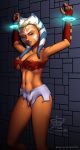 1girl ahsoka_tano alien armpit blue_eyes breasts female female_alien looking_at_viewer mostly_nude no_panties restrained solo standing star_wars star_wars:_the_clone_wars togruta torn_skirt