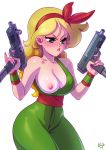  big_breasts blonde blonde_hair breasts breasts_out dragon_ball_z gun launch lips outfit 