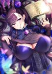 1girl bangs black_dress black_hair blush book breasts cleavage clothes_lift covered_navel double_bun dress fate/grand_order fate_(series) female female_only frills hair_between_eyes hair_ornament hands_up large_breasts long_hair looking_at_viewer lying_on_back murasaki_shikibu parted_lips purple_eyes sleeves_past_wrists solo