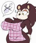 1girl 2018 animal_crossing anthro apron big_breasts breast_expansion breasts cleavage clothed clothing eulipotyphlan freckles furry hedgehog huge_breasts mammal nintendo pictographics purple_yoshi_draws sable_able short_stack sketch speech_bubble video_games