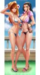  2_girls 2girls arm_on_head badcompzero beer beer_bottle big_breasts bikini black_hair blue_eyes border breasts clavicle female_only flower full_body hair_flower hair_ornament hat long_hair looking_at_viewer multiple_girls nami nico_robin nipples nude one_piece orange_hair sky straw_hat toy upper_body white_border 