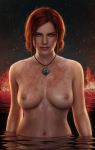 1girl 1girl 1girl astor_alexander breasts burn_mark completely_nude fire freckles green_eyes high_resolution injury jewelry long_hair looking_at_viewer medium_breasts navel necklace nipples nude partially_submerged red_hair scar the_witcher_(series) tied_hair triss_merigold water