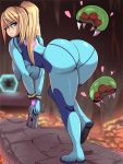  1girl ass beauty_mark bent_over big_ass big_breasts blonde_hair blue_eyes blush bodysuit breasts from_behind gun hanging_breasts huge_ass leaning_forward legs long_hair looking_back metroid metroid_(creature) mole mole_under_mouth ponytail samus_aran skin_tight weapon zero_suit 