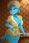 1girl anthro bathrobe big_breasts blue_fur breasts cartoon_network cleavage clothed clothing dalley-le-alpha_(artist) domestic_cat felid feline felis fur furry mammal mature_female nicole_watterson the_amazing_world_of_gumball towel voluptuous wet