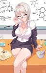 1girl adjusting_glasses alluring big_breasts blazer breasts chalkboard classroom cleavage collared_shirt exlic glasses jacket legs legs_crossed miniskirt nakiri_alice off_shoulder panties pantyshot red_eyes school shirt shokugeki_no_souma short_hair sitting sitting_on_table skirt smile teacher white_hair