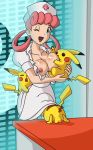 1girl blue_eyes breast_sucking breastfeeding breasts exposed_breasts female_human female_human/male_pokemon human/pokemon implied_cunnilingus implied_sex interspecies joy_(pokemon) male_pokemon no_bra nurse_joy nurse_uniform partially_clothed pikachu pink_hair pokemon standing testicle winking