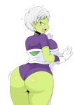 1girl ass cheelai dragon_ball dragon_ball_super dragon_ball_super_broly gloves green_skin jinu looking_back short_hair short_shorts shorts