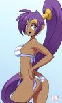 1girl 2019 ass bigdead93 bikini earrings ponytail purple_hair shantae shantae_(character) tan_line undressing wayforward