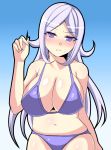  1girl aila_jyrkiainen bikini blue_background breasts cleavage frown gundam gundam_build_fighters huge_breasts long_hair looking_at_viewer megane_man navel purple_bikini purple_eyes silver_hair sweatdrop swimsuit thighs 