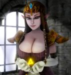 1girl big_breasts blue_eyes breasts brown_hair cleavage dress earrings elbow_gloves elf_ears hair_ornament long_hair looking_at_viewer nintendo the_legend_of_zelda triforce twilight_princess zelda