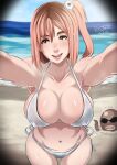 1girl alluring beach big_breasts bikini breasts brown_eyes brown_hair butcha-u cleavage dead_or_alive erect_nipples eroquis hair honoka honoka_(doa) human male navel octopus selfpic short_hair side-tie_bikini smile standing sweat tecmo