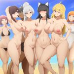  1boy 6+girls ahoge animal_ear_fluff areola asymmetrical_docking beach big_breasts black_hair blake_belladonna blonde_hair blue_eyes blue_sky breast_press breast_to_breast breasts_apart classysexy cleft_of_venus dantes_ward day embarrassed exhibitionism feet_out_of_frame female_focus group_comparison inverted_nipples medium_breasts multiple_girls nekomimi one_eye_closed outdoor_nudity paipan public_nudity puffy_areolae purple_eyes ruby_rose rwby sagging_breasts silver_hair small_breasts thighs weiss_schnee yang_xiao_long 