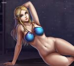  1girl alluring artist_logo big_breasts blonde_hair blue_bikini curvy detailed_background deviantart_username female_focus female_only flowerxl green_eyes hand_behind_head hand_on_floor hylian hylian_ears long_hair looking_at_viewer naked_from_the_waist_down nintendo pale-skinned_female pinup princess_zelda the_legend_of_zelda the_legend_of_zelda:_tears_of_the_kingdom 