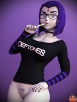  1girl 3d bottomless breasts cigarette cleavage dc_comics female_only forsaken_(artist) glasses goth looking_at_viewer pubic_hair pussy raven_(dc) smoking tagme teen_titans 