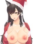 1girl 1girl 1girl animal_ear_fluff animal_ears areola atago_(azur_lane) azur_lane bangs bent_elbows big_breasts black_hair breast_suppress breasts breasts_out_of_clothes christmas_outfit cleavage female_only female_solo fur_trim hair hands_up hat inumimi long_hair long_sleeves looking_at_viewer nipples no_bra open_clothes open_mouth open_shirt parted_lips ribbon santa_hat simple_background swept_bangs tilted_headwear toyatokage upper_body white_background yellow_eyes