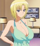 1girl anime bare_shoulders big_breasts big_breasts blonde_hair blue_eyes breasts cleavage dress green_dress hand_on_hip hentai huge_breasts ijuin_marie indoors short_hair smile vampire_(ova)