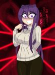  1girl arm_behind_back bangs big_breasts black_legwear breasts curvy doki_doki_literature_club hair_between_eyes insane jrvanesbroek long_hair pink_eyes purple_hair ribbed_sweater scar shrunken_irises shrunken_pupils smile sweater teeth thighs very_long_hair wide_hips yuri_(doki_doki_literature_club) 