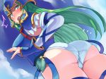  1girl armor ass blush boris_(noborhys) cameltoe fire_emblem fire_emblem:_path_of_radiance green_eyes green_hair helmet human long_hair looking_at_viewer looking_back nephenee nephenee_(fire_emblem) open_mouth panties solo_female sweat sweatdrop teal_eyes underwear white_panties white_underwear 