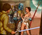 1girl 2boys boba_fett dress exposed_breast lightsaber luke_skywalker partially_clothed princess_leia_organa shabby_blue sideboob star_wars torn_dress