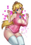 arms_up bare_shoulders big_breasts blonde_hair blue_eyes bokuman breasts cleavage cleavage_cutout covered_navel crown dress earrings long_hair looking_at_viewer nintendo panties pink_dress princess_peach skindentation super_mario_bros. thighhighs thighs white_panties wide_hips