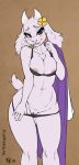 1girl 2018 5_fingers anthro blush bovid bra breasts caprine clothing fangs flower fluff-kevlar fur furry goat looking_at_viewer mammal nipples panties plant purple_eyes pussy short_tail toriel undertale underwear undressing video_games white_fur