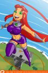 1girl 2018 aeolus auburn_hair beautiful belly beltskirt big_breasts boots breasts covered_breasts covered_nipples day daytime dc dc_comics dcau eyebrows eyelashes female female_only footwear gauntlets green_eyes happy hips humanoid knee_boots legs legwear lips long_hair looking_at_viewer navel open_mouth open_smile orange_skin outside pretty purple_boots purple_legwear purple_skirt shoes skirt sky solo starfire teen_titans thick_thighs thighs very_long_hair water