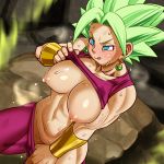 1girl 1girl :q abs bangs big_breasts blue_eyes blush breasts collarbone commentary_request crop_top dragon_ball dragon_ball_super earrings fushisha_o fusion green_hair groin jewelry kefla licking_lips muscle muscular_female navel nipples no_bra no_panties pants parted_bangs potara_earrings purple_pants seductive_smile shirt_lift smile spiked_hair super_saiyan sweat tank_top tongue tongue_out vambraces