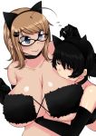  2girls animal_ears bare_shoulders bespectacled big_breasts bikini bikini_top black_hair blue_eyes breast_biting breasts brown_hair cat_ears cat_hair_ornament choker cleavage ear_piercing elbow_gloves glasses gloves hair_between_eyes hair_ornament huge_breasts komusou long_hair minoru_oba mole mole_under_eye ooba_minori short_hair simple_background swimsuit yuri 