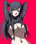  1girl arms_behind_head arms_up bangs big_breasts black_hair blue_eyes bodysuit bodysuit_pull breasts cleavage covered_nipples earrings female female_only gantz hair_between_eyes large_breasts light_smile long_hair looking_at_viewer navel revealing_clothes shimohira_reika shiny_clothes skin_tight solo underboob 