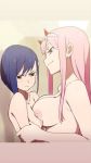 1girl 2_girls big_breasts blue_hair blush breasts breasts_on_chest darling_in_the_franxx duo female_only high_resolution horns ichigo_(darling_in_the_franxx) monsoon multiple_girls pink_hair small_breasts topless yuri zero_two_(darling_in_the_franxx)