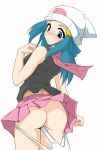 1girl arm arms art ass babe bare_arms bare_legs bare_shoulders beanie blue_eyes blue_hair blush bottomless clenched_hand clenched_hands clenched_teeth dawn embarrassed endou_masatoshi hair_ornament hairless_pussy hat hikari_(pokemon) humiliation legs long_hair miniskirt nintendo panties panty_pull pink_scarf pink_skirt pokemon pokemon_(anime) pokemon_(game) pokemon_dppt pussy scarf shy simple_background skirt sleeveless solo standing surprise surprised teeth uncensored underwear upskirt wedgie white_background