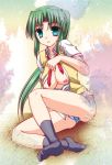  1girl bare_legs blue_panties breasts footwear green_eyes green_hair higurashi_no_naku_koro_ni large_breasts long_hair looking_at_viewer mion_sonozaki necktie nipples no_pants no_shoes open_clothes open_shirt panties red_necktie shigemiya_kyouhei shirt socks solo sonozaki_mion underwear undone_necktie 