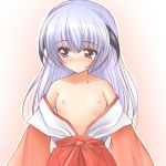 1girl blush breasts flat_chest hanyuu higurashi_no_naku_koro_ni horns japanese_clothes kemu kimono long_hair miko nipples open_clothes open_kimono purple_eyes purple_hair small_breasts solo