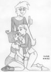 1boy 2girls danny_fenton danny_phantom danny_phantom_(character) double_fellatio fellatio ffm_threesome jasmine_fenton monochrome oral raylude samantha_manson threesome thumbs_up wwoec