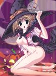  1girl akizuki_akina barefoot blue_eyes bottomless breasts brown_hair cape feet folded_ponytail halloween hat jack-o'-lantern kneeling komaki_manaka manaka_komaki open_clothes open_mouth open_shirt pumpkin shirt soles solo to_heart_2 witch_hat 