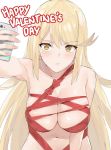 1girl alluring bangs bare_shoulders big_breasts blonde_hair blush cleavage covered_nipples holding holding_phone j@ck long_hair looking_at_viewer mythra naked_ribbon nintendo nude phone ribbon selfie selfpic simple_background swept_bangs valentine's_day xenoblade_(series) xenoblade_chronicles_2 yellow_eyes